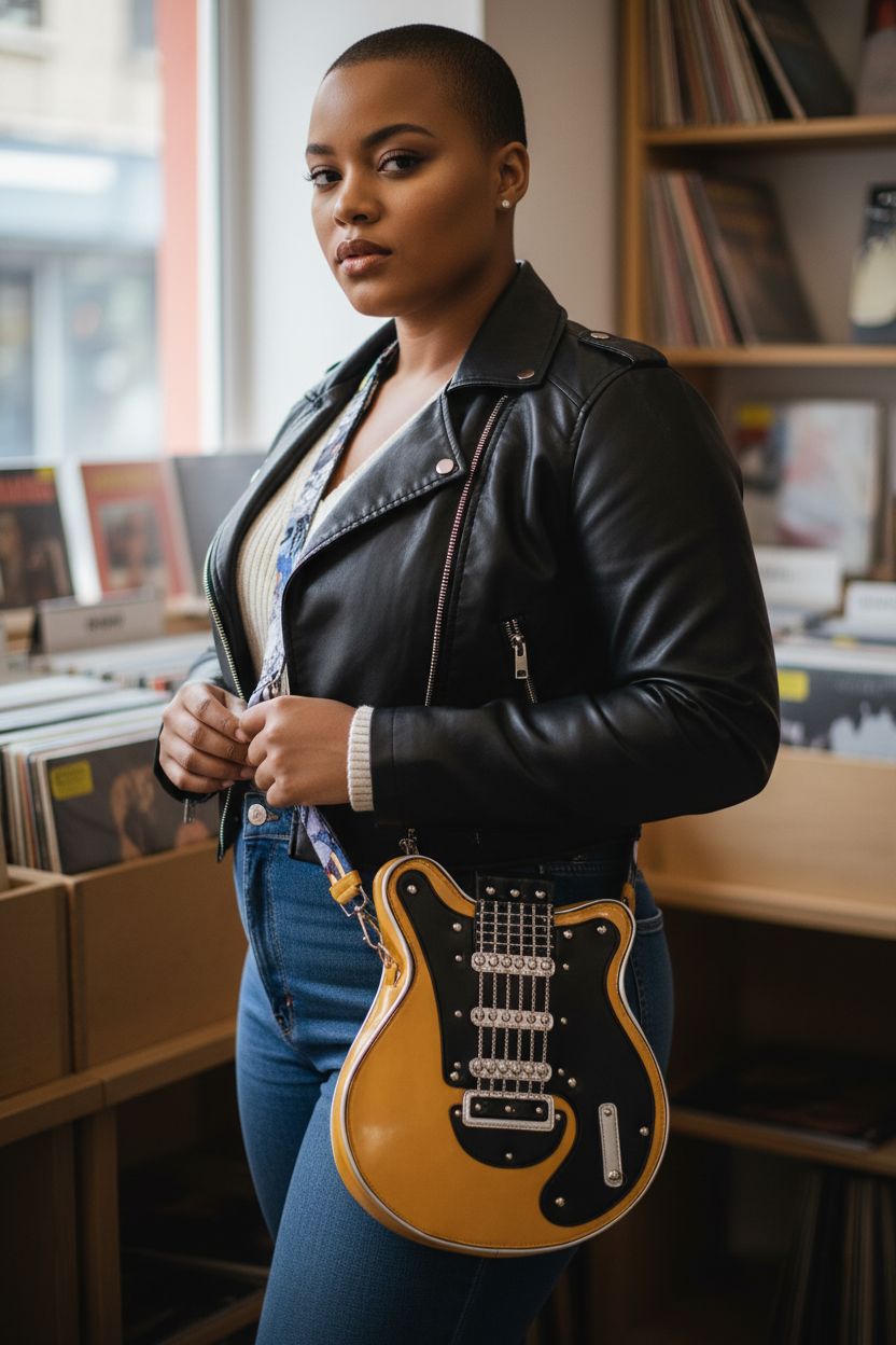 Yellow guitar-shaped crossbody bag by generic, stylishly resting in a cozy record store.