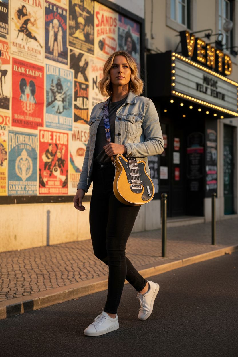 Yellow guitar-shaped crossbody bag by generic, vibrant against urban music district backdrop.