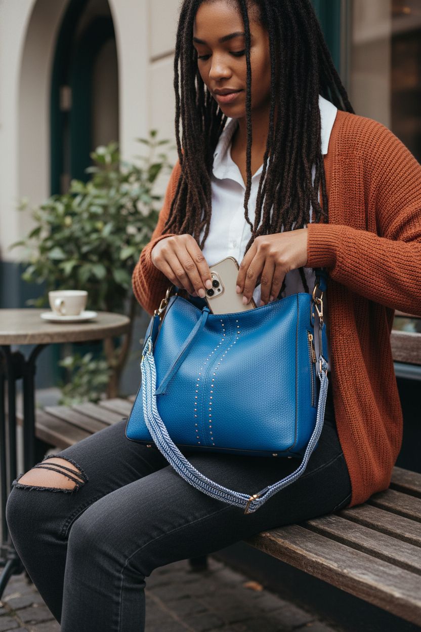 Montana West cobalt-blue hobo bag with guitar strap, showcasing vegan leather and gold hardware.