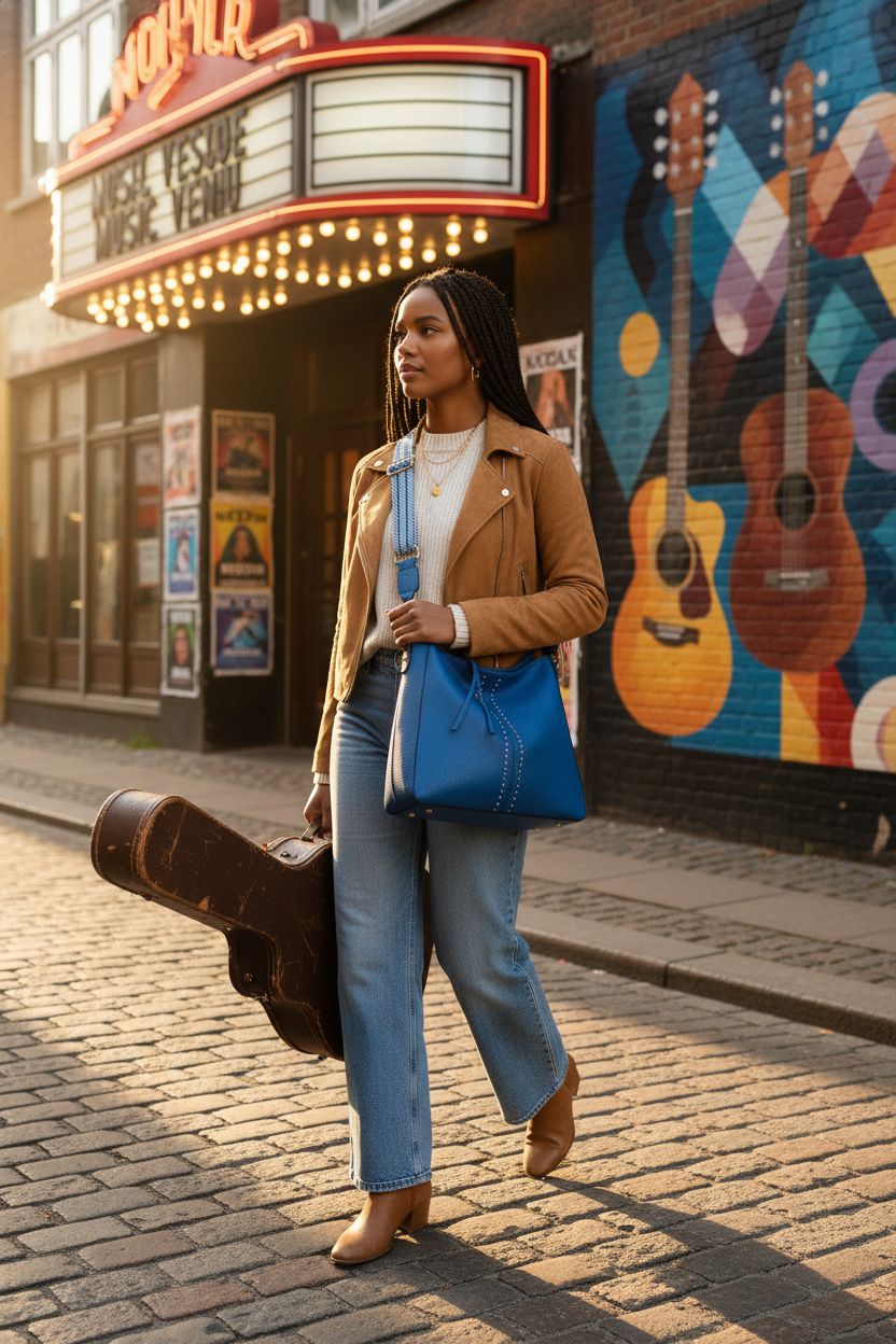 Montana West blue hobo bag with guitar strap, perfect for a night out, styled against vibrant street art.