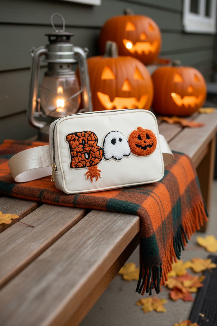 Beige BOO ghost-pumpkin bag on a porch with pumpkins and leaves, GIFTIMATE Halloween purse.