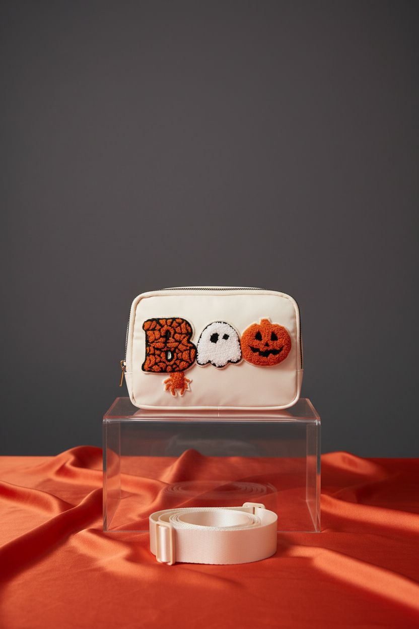 Beige Halloween purse on a clear riser against a dark backdrop, GIFTIMATE product showcase.