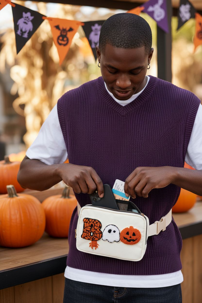 Beige nylon fanny pack with BOO patches at a pumpkin patch, GIFTIMATE Halloween purse.