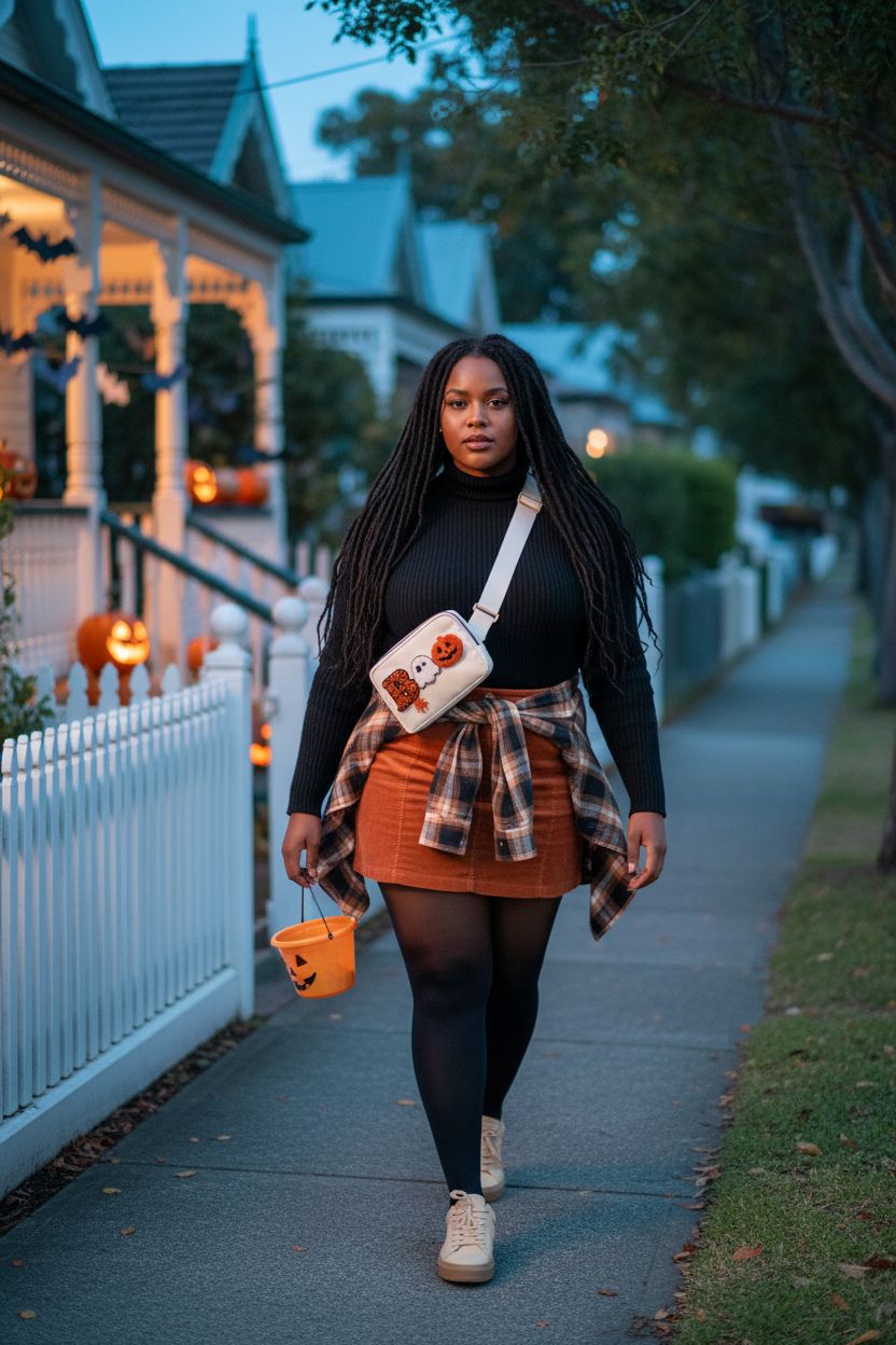 Cute beige ghost-pumpkin fanny pack worn crossbody on a leafy street, GIFTIMATE Halloween purse.