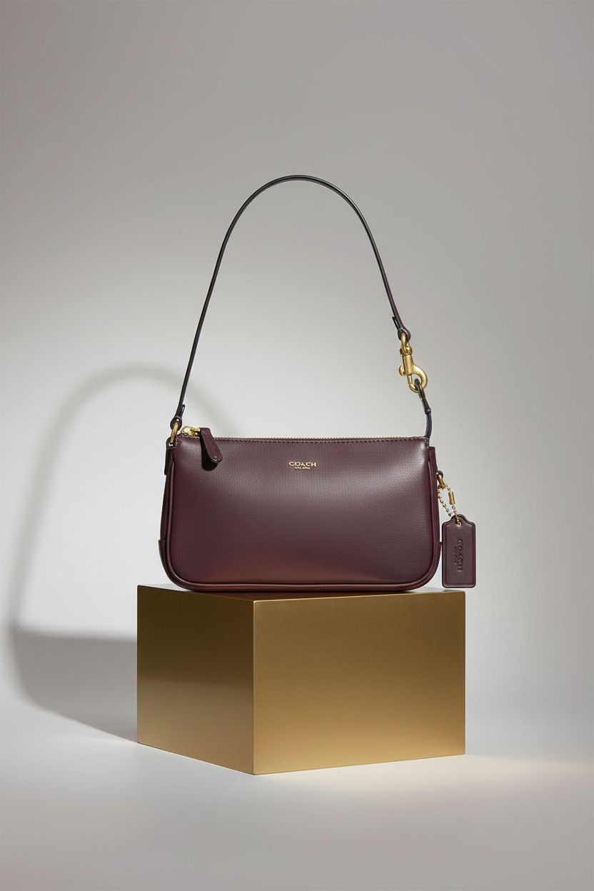 Close-up of Coach Plaza Bag 18 in Black Currant showcasing elegant design and COACH logo.