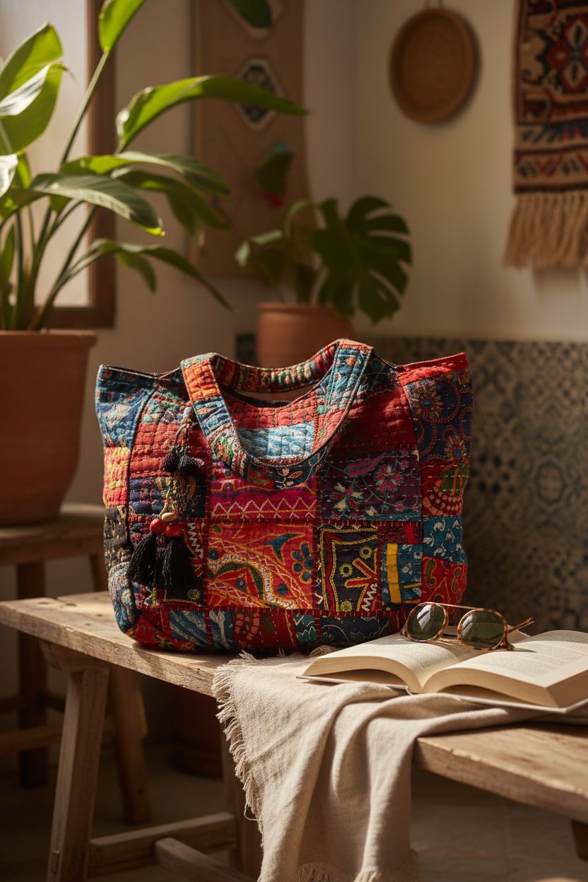 Cozy boho scene featuring Tribe Azure tote resting beside a book and sunglasses in natural light.