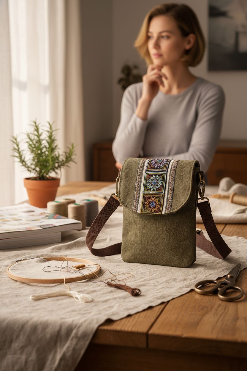 SILKAREA embroidered crossbody bag on oak tabletop in cozy workspace