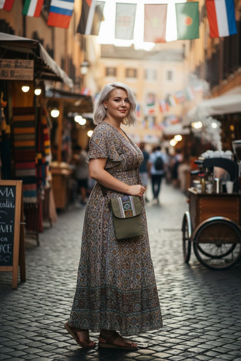 SILKAREA Boho embroidered army green crossbody bag in artisan market setting
