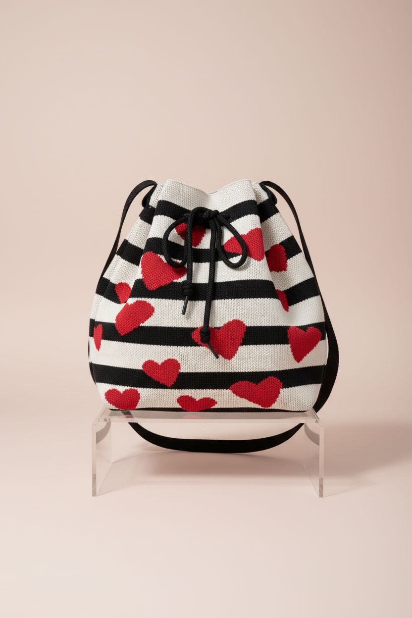 Close-up of Winatehr heart bag on blush backdrop, highlighting its intricate knit design.