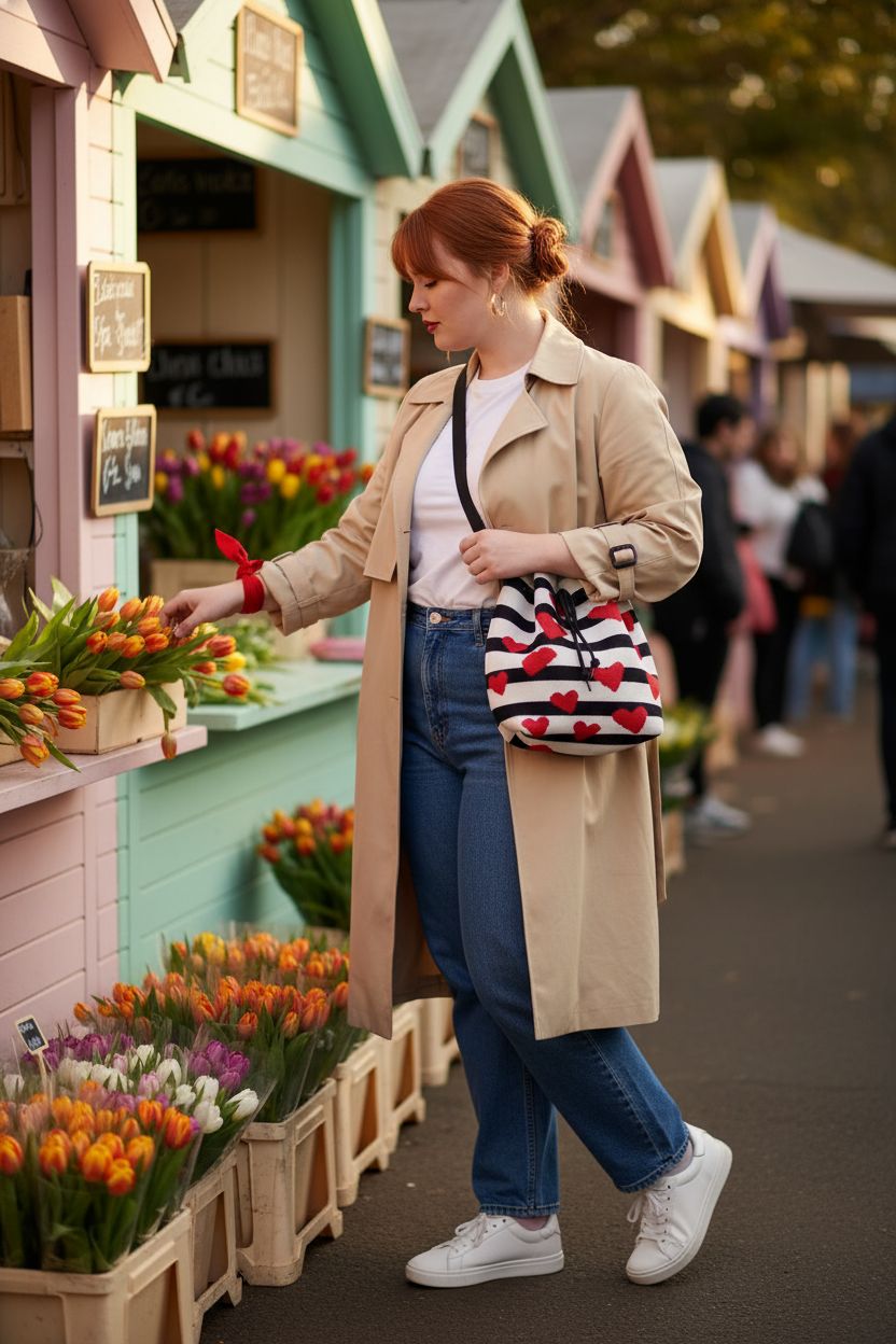 Winatehr heart bag worn crossbody at a flower market, perfect for trendy outings.