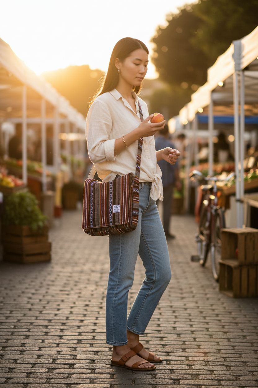 Marubhumi Core Hemp Bag displayed at a farmer’s market, showcasing its vibrant stripes and adjustable strap.