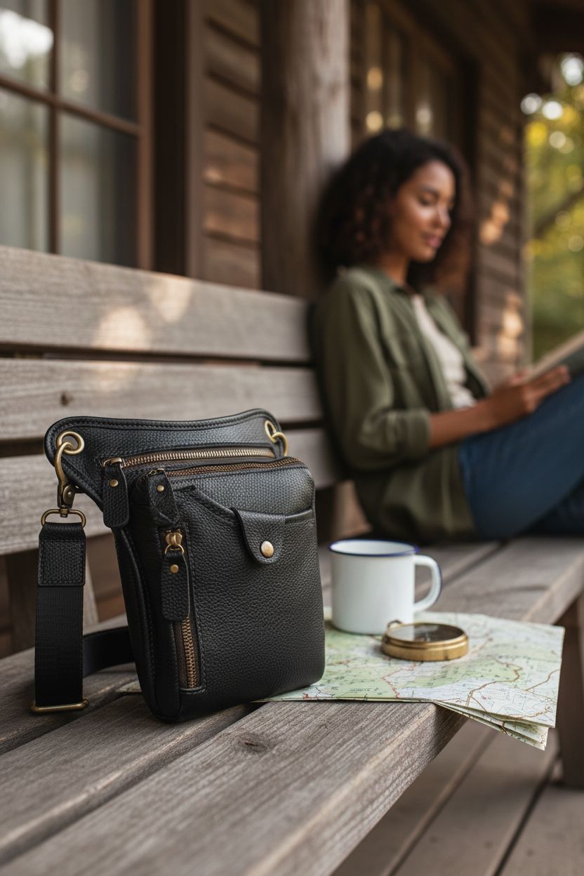 DK86 Genuine Leather hip bag resting on a porch beside a trail map and vintage compass, evoking a weekend getaway vibe.