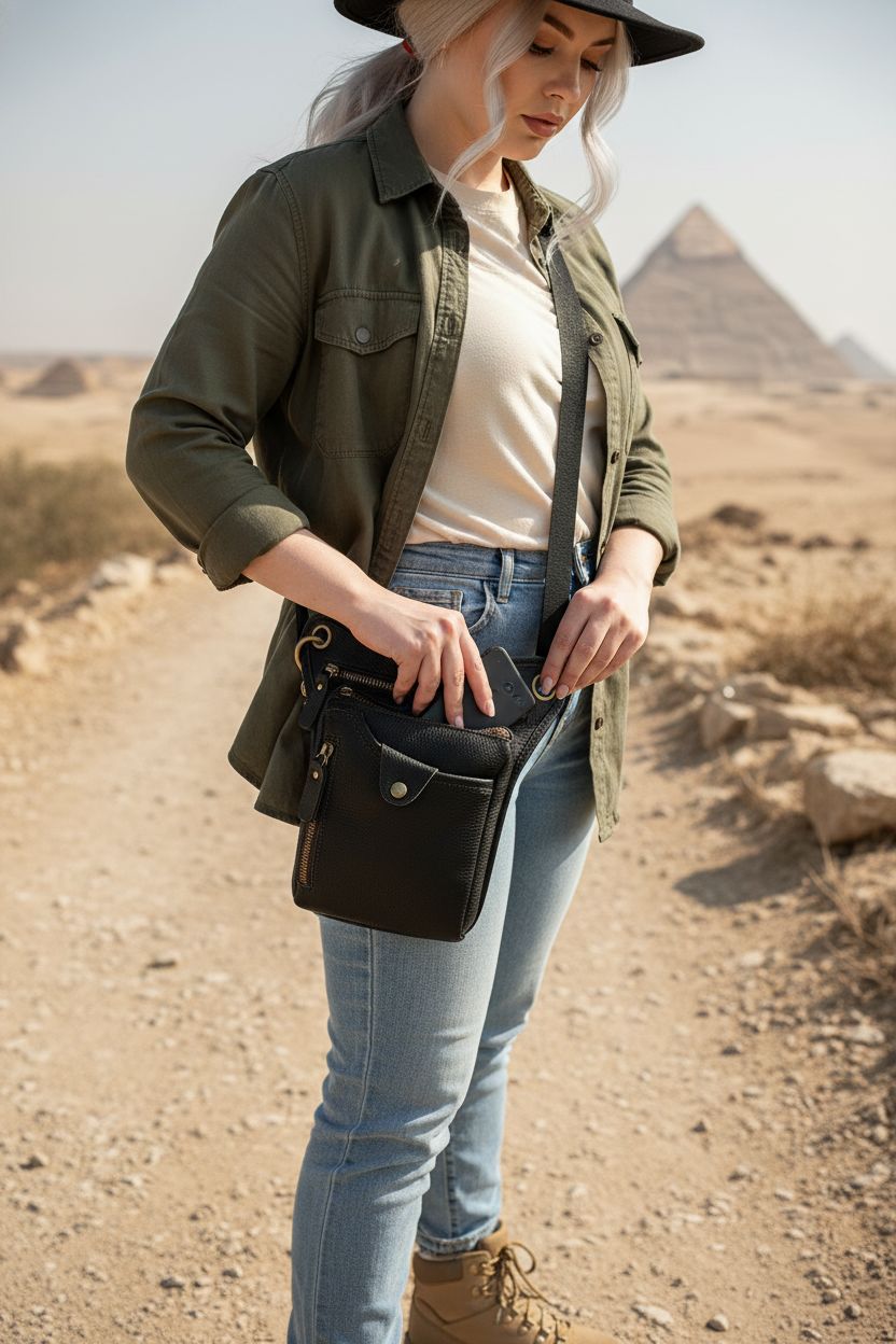 DK86 Genuine Leather hip bag in black, showcased on a hiker at a trailhead, emphasizing quick access features.