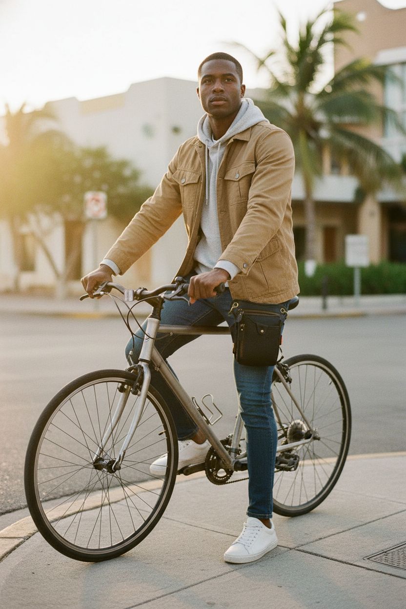 DK86 hip bag in black, worn by an urban cyclist, showcasing stylish convenience and functionality.