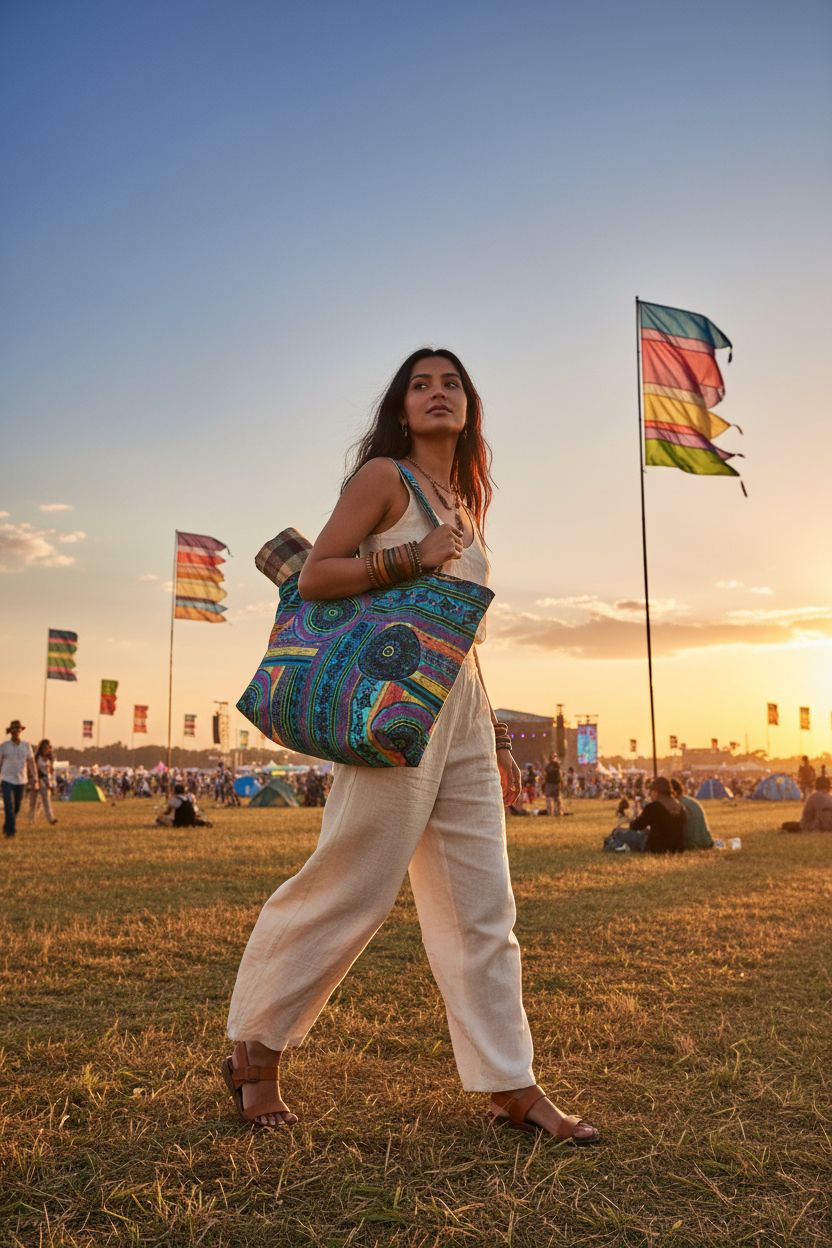 OPQRSTU green-purple hippie tote bag with rolled blanket in sunset meadow