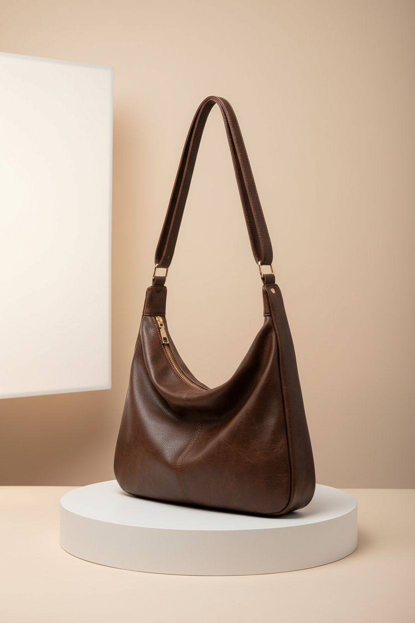 Product showcase of NIUEIMEE ZHOU hobo bag on a clean pedestal against a warm backdrop, highlighting design details.