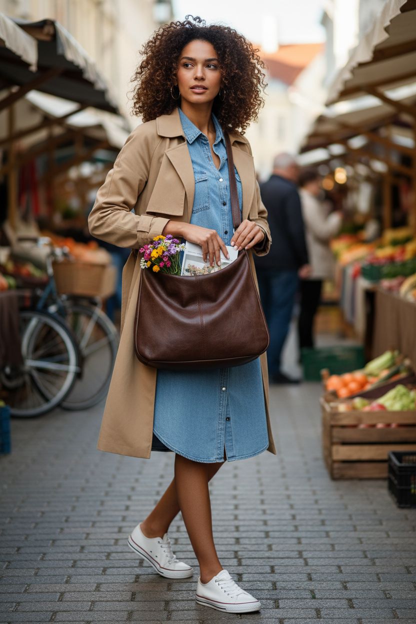 Chocolate-brown vegan leather hobo bag worn crossbody at a farmers' market, NIUEIMEE ZHOU.