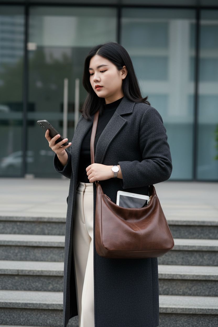 Charcoal coat and tailored trousers with a brown hobo bag showcasing versatile carrying options, NIUEIMEE ZHOU.