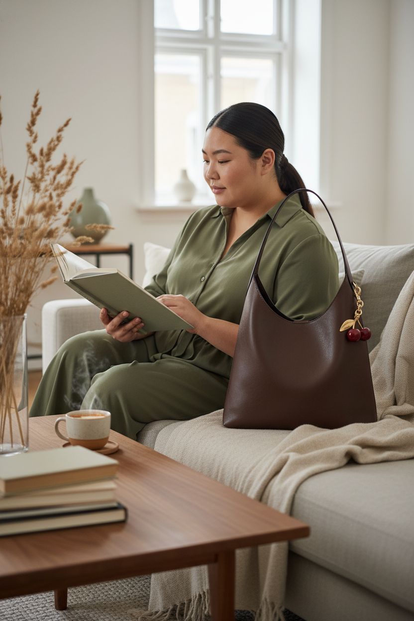 Cozy setting with HICARRY slouchy hobo bag off-center on a coffee table, perfect for reading time.