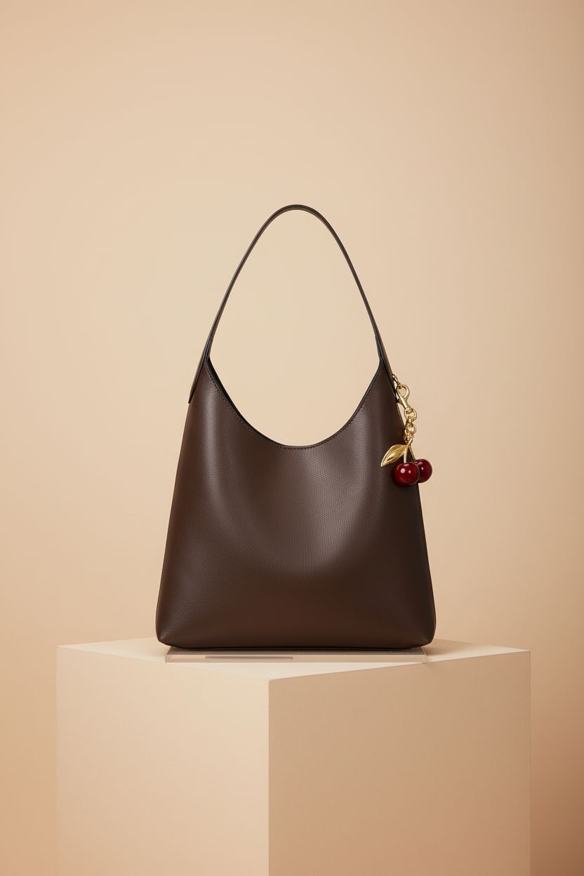 HICARRY vegan suede hobo bag displayed on a minimal riser, highlighting its elegant design and features.