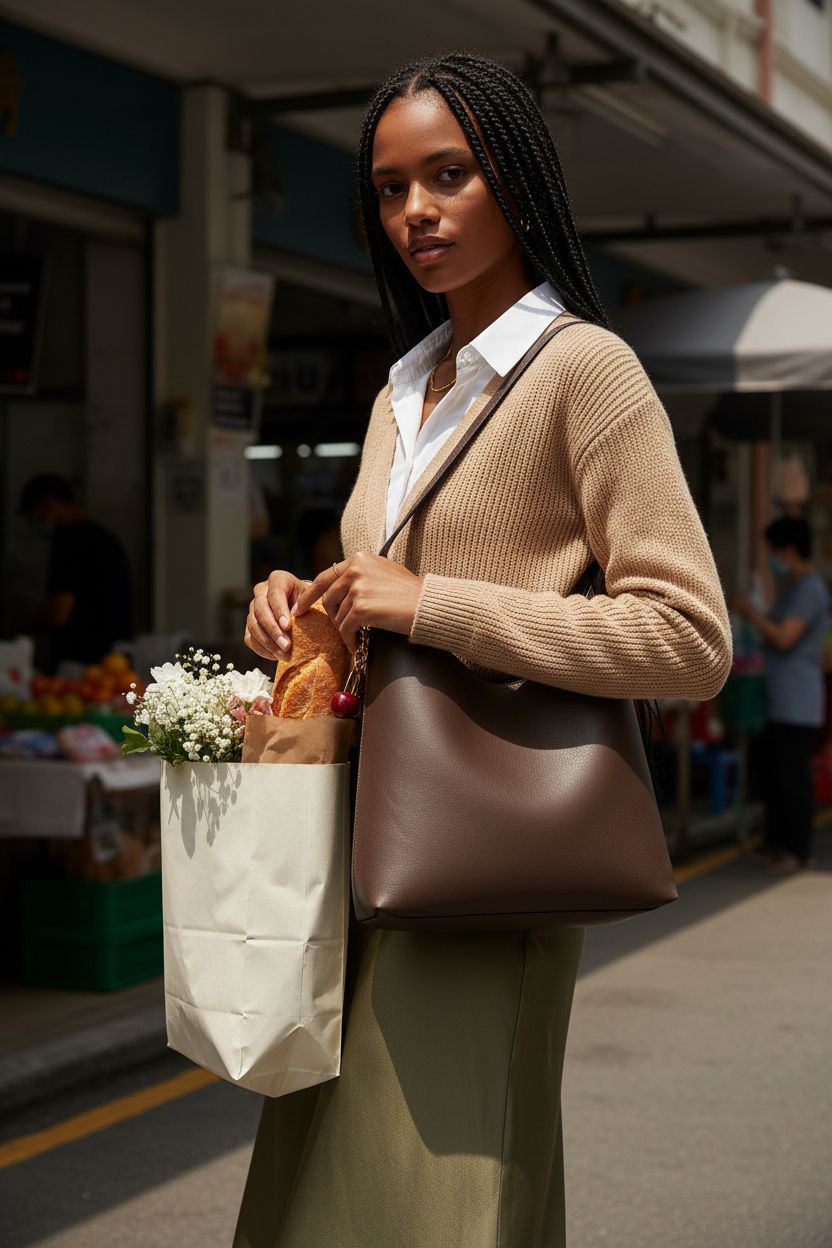 HICARRY vegan leather hobo bag in deep brown, showcasing space for essentials at a market.