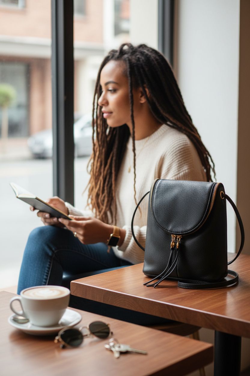 HOBO Fern Leather Crossbody Purse rests beside a coffee, showcasing everyday travel elegance in black leather