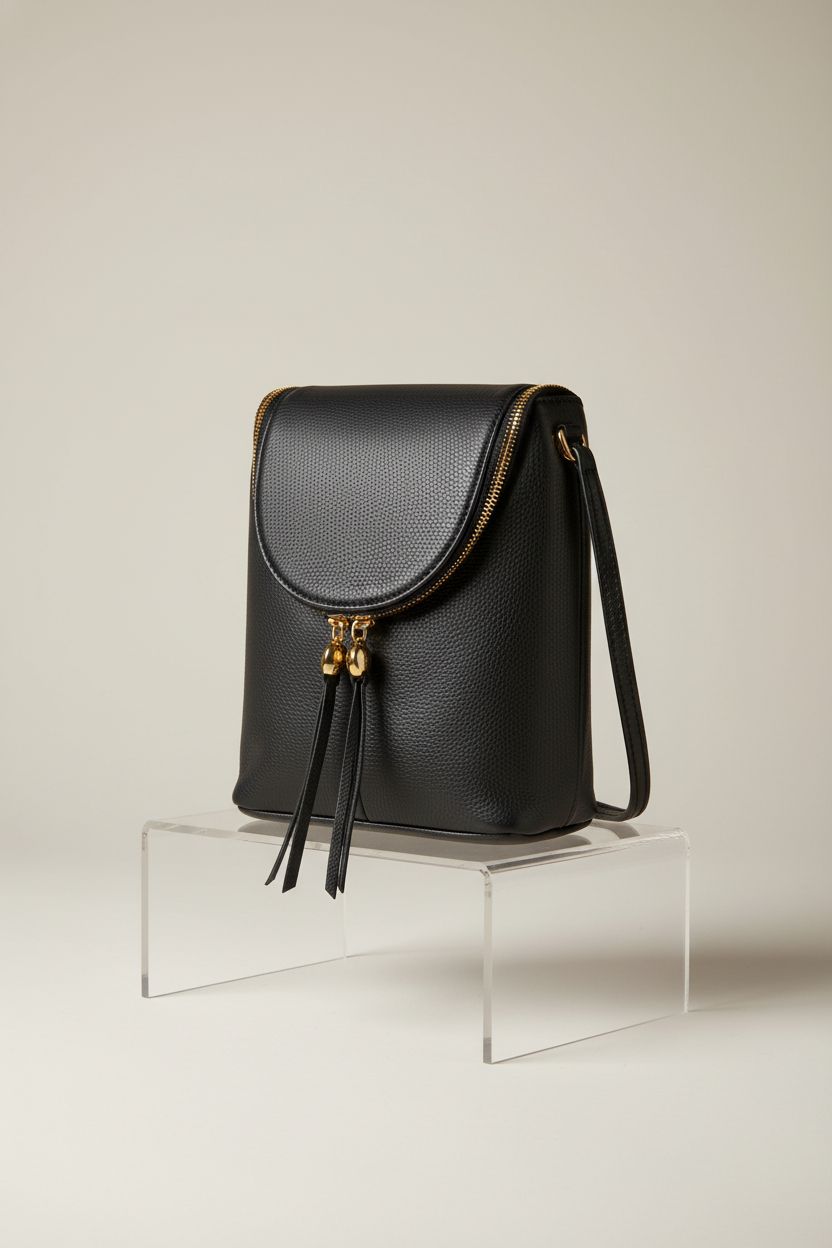 HOBO Fern Leather Crossbody Purse displayed on an acrylic riser, highlighting premium black leather and sleek design