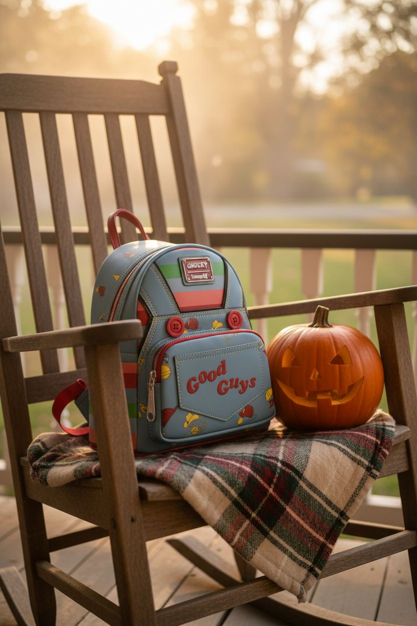 Loungefly Chucky backpack next to a carved pumpkin and plaid blanket on a porch during golden hour.