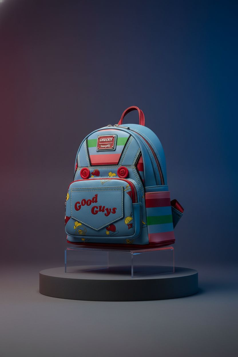 Close-up view of Loungefly Chucky backpack showcasing its details against a charcoal-blue backdrop.