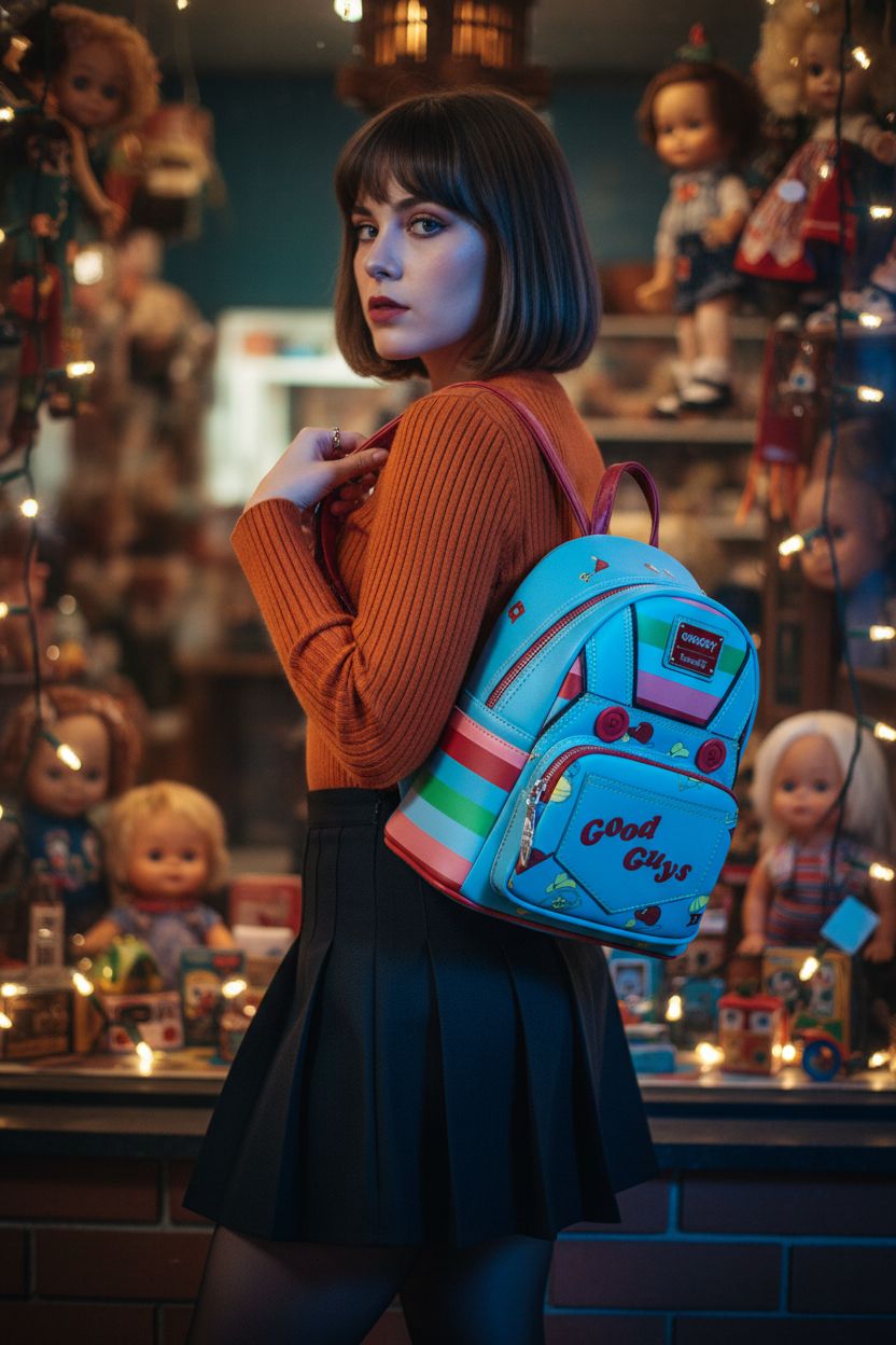 Loungefly Child's Play Chucky cosplay shoulder bag displayed at a vintage toy store window at night.