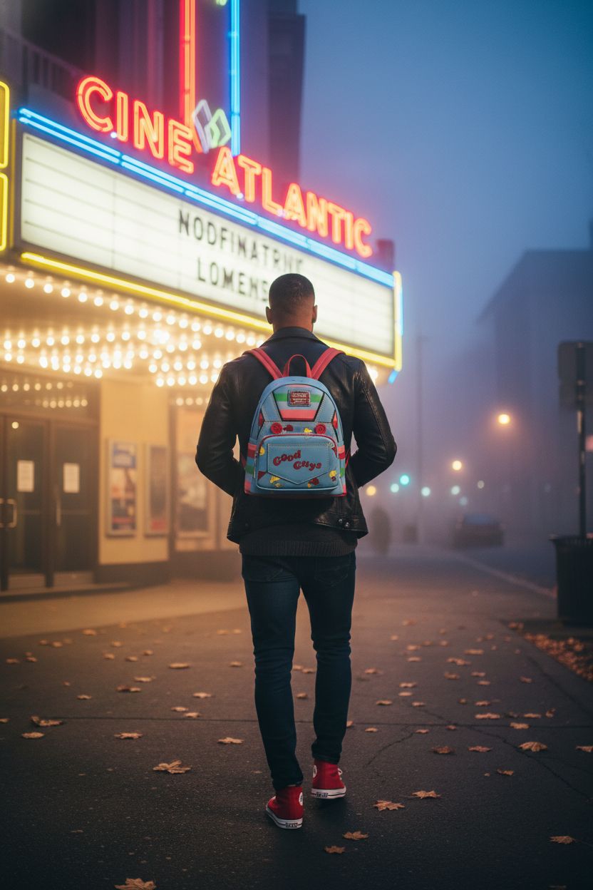 Chucky-themed Loungefly purse seen outside a vintage movie theater at twilight, surrounded by autumn leaves.