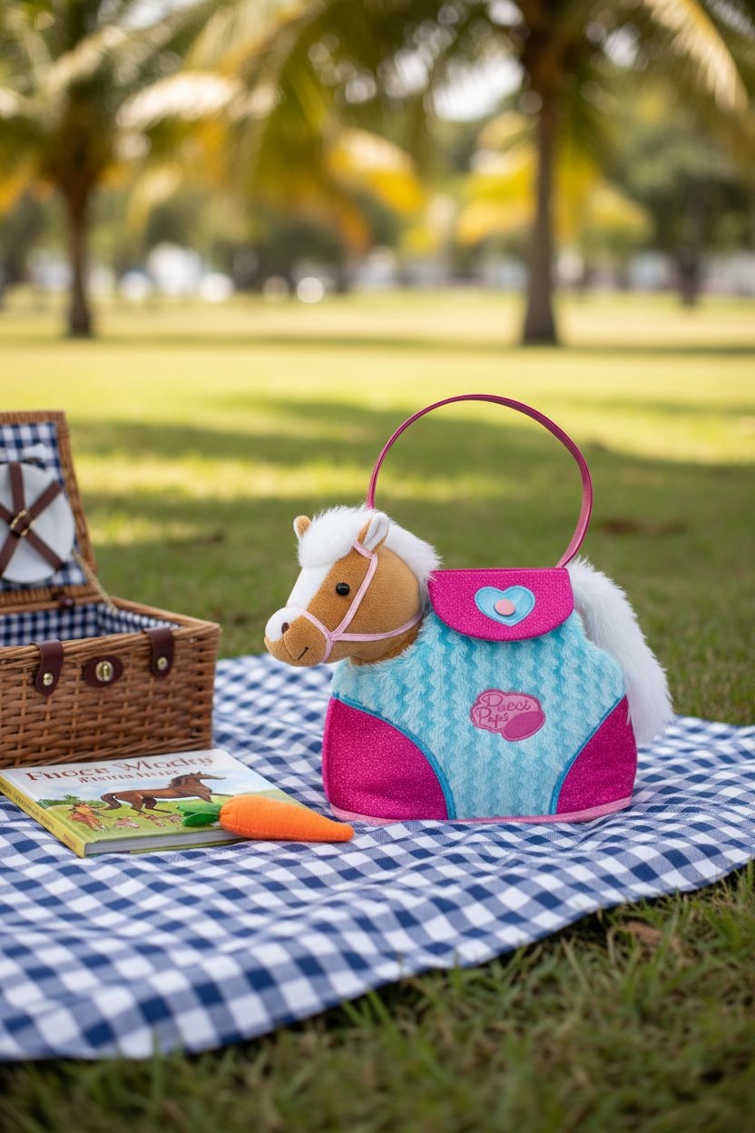 Pucci Pups horse purse on a picnic blanket, enhancing outdoor fun and creativity