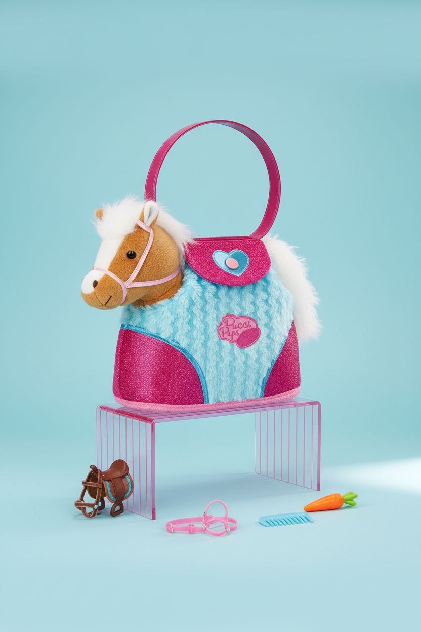 Stylish Pucci Pups horse purse showcasing its glittery design and heart-snap closure