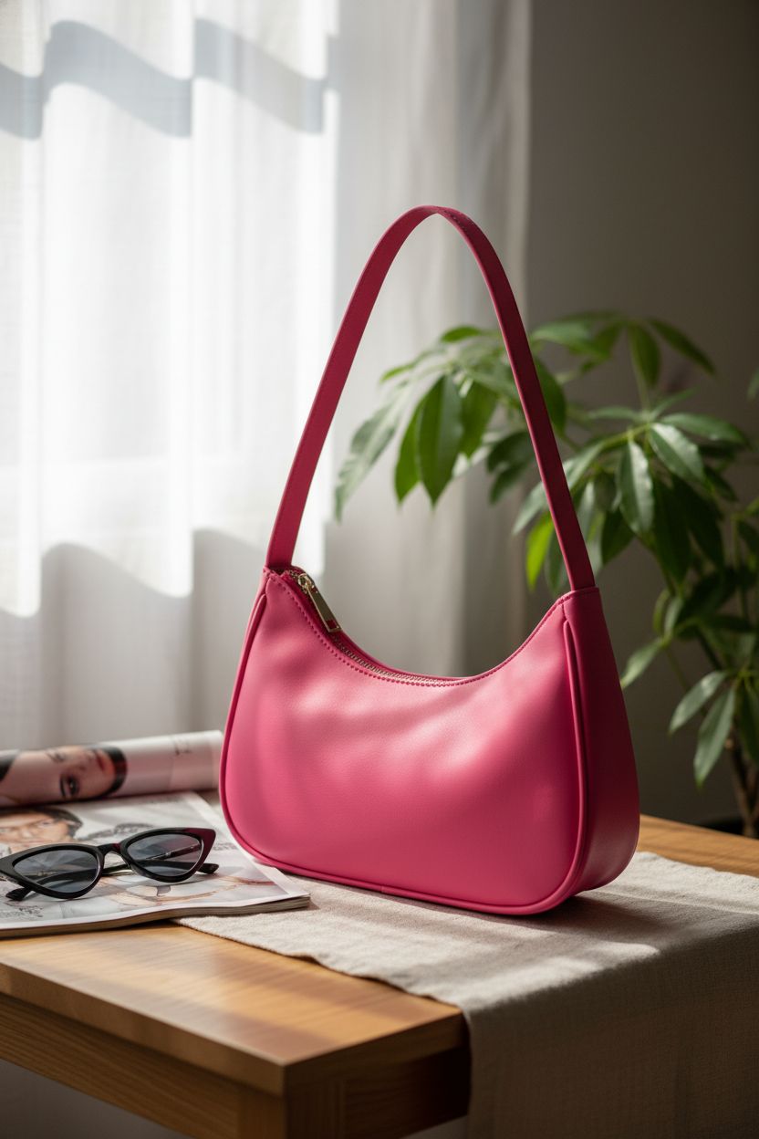 Afashor hot pink purse resting on a marble table in a cozy café setting, radiating retro charm.
