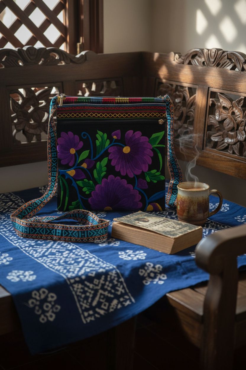 PHEVOS Boho Handbag resting beside chai and a book in a cozy nook