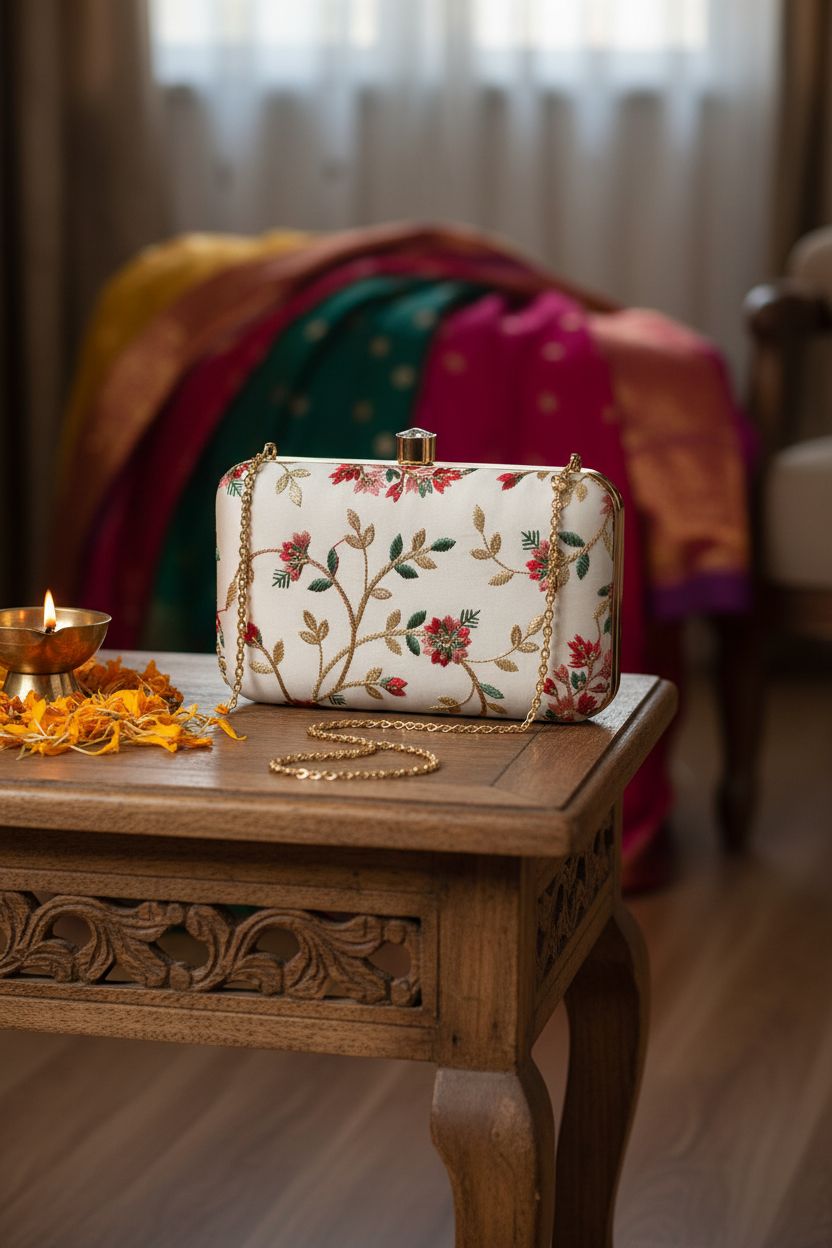 LONGING TO BUY cream embroidered clutch with marigold petals in intimate dressing area