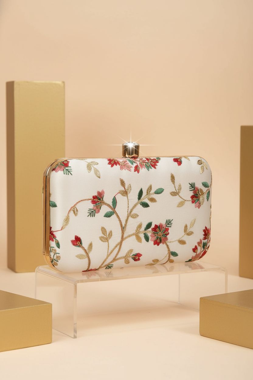 LONGING TO BUY cream embroidered evening clutch showcasing crystal clasp details