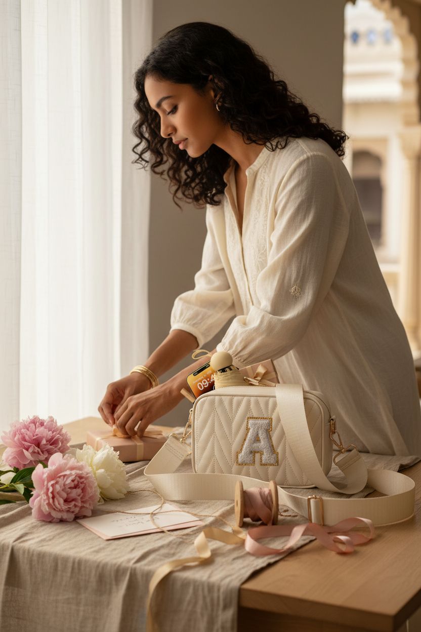 TOPEAST white purse positioned elegantly on a table with gift setup