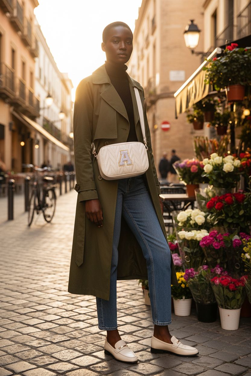 TOPEAST white quilted crossbody purse with gold hardware in a warm outdoor setting