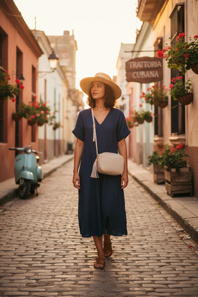 TAKEASY Italian genuine leather crossbody bag in beige, styled with a warm sunset mood.