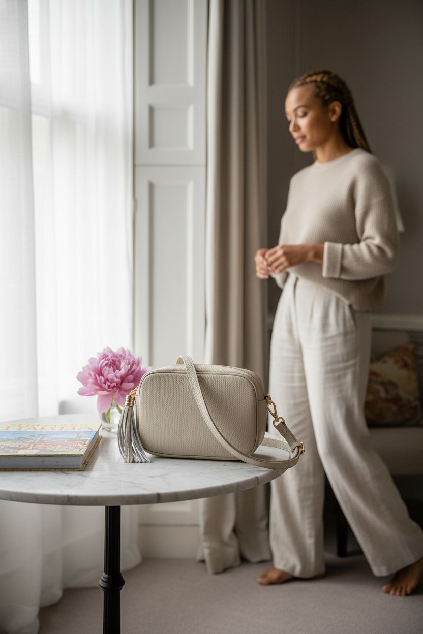 TAKEASY beige Italian leather crossbody bag elegantly placed in a serene boutique hotel setting.