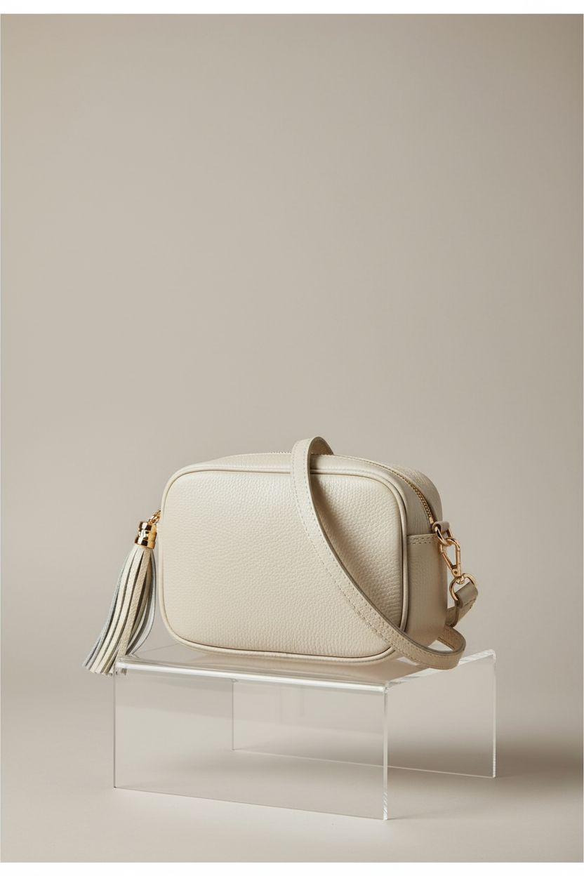 Product display of TAKEASY beige Italian leather crossbody bag highlighting its design and craftsmanship.