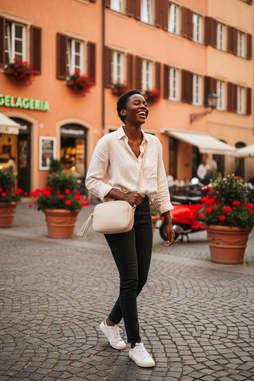TAKEASY beige Italian leather crossbody bag with zipper and tassel, stylishly showcased outdoors.