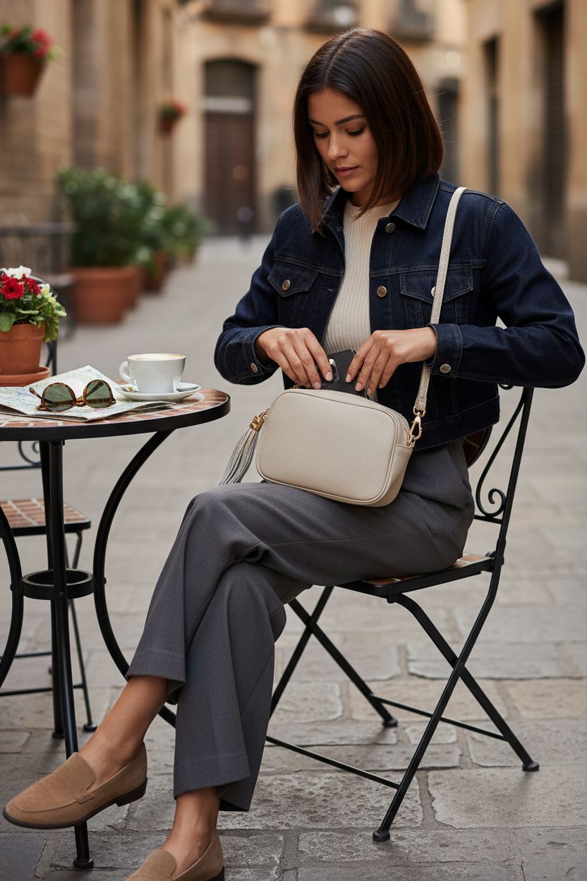 TAKEASY Italian leather crossbody bag on a café table, blending fashion and functionality.