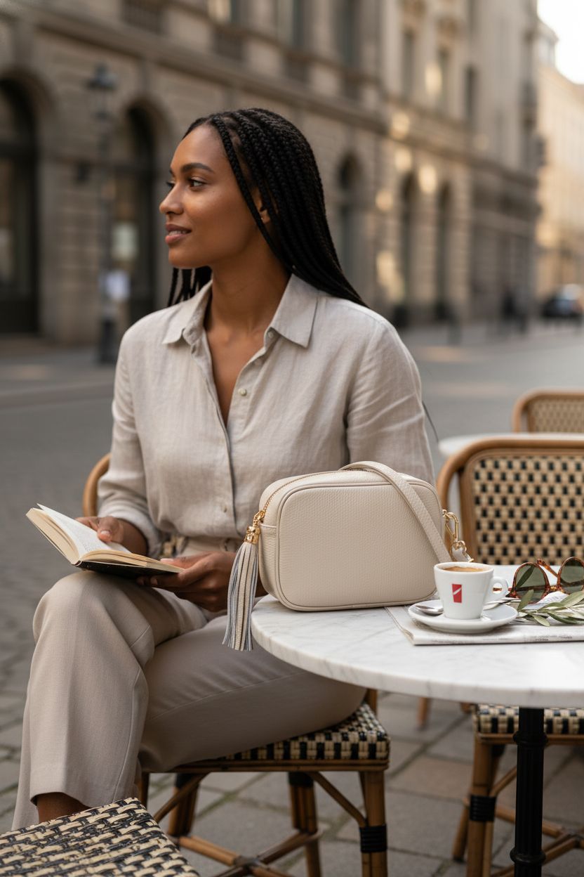 TAKEASY beige leather handbag beside espresso and newspaper, perfect for a relaxed café ambiance.