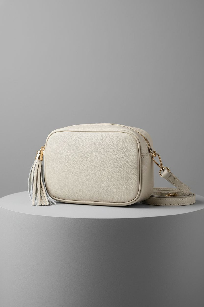 TAKEASY Italian genuine leather crossbody bag, beige with polished gold hardware and versatile strap.