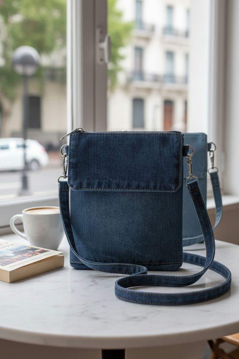 Cosblank jean purse on marble table with latte, showcasing its elegant design and soft texture.