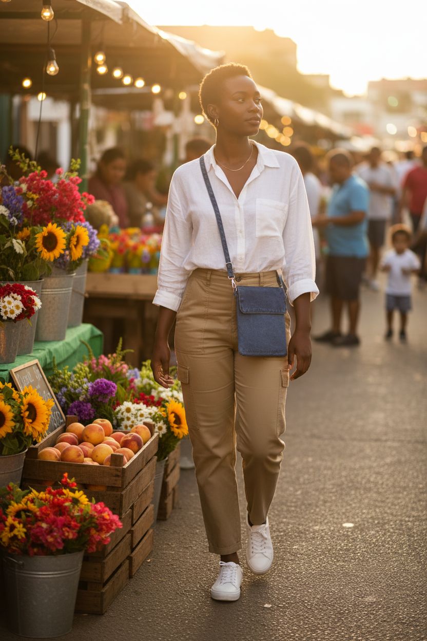Cosblank denim crossbody purse at a market, highlighting its casual utility and versatility.