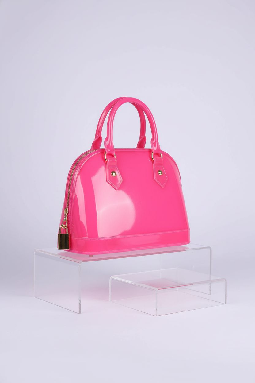 MIFORINES fuchsia jelly purse displayed elegantly on acrylic risers with glossy finish.