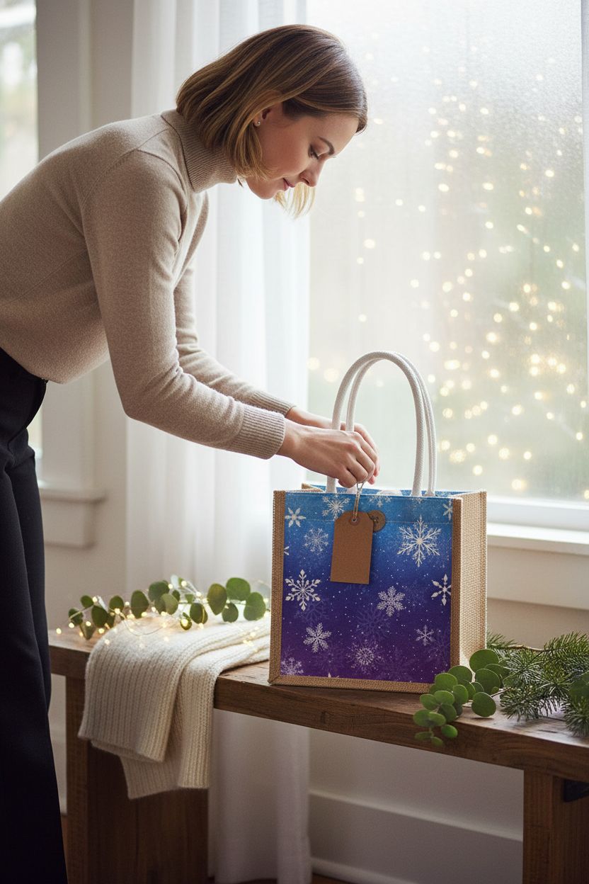 Abbylike jute bag styled with winter decor, ready for gifting in a cozy setting.